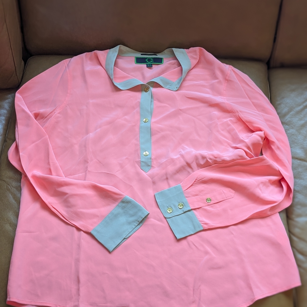 Pink Long Sleeve Blouse with Light Gray Trim